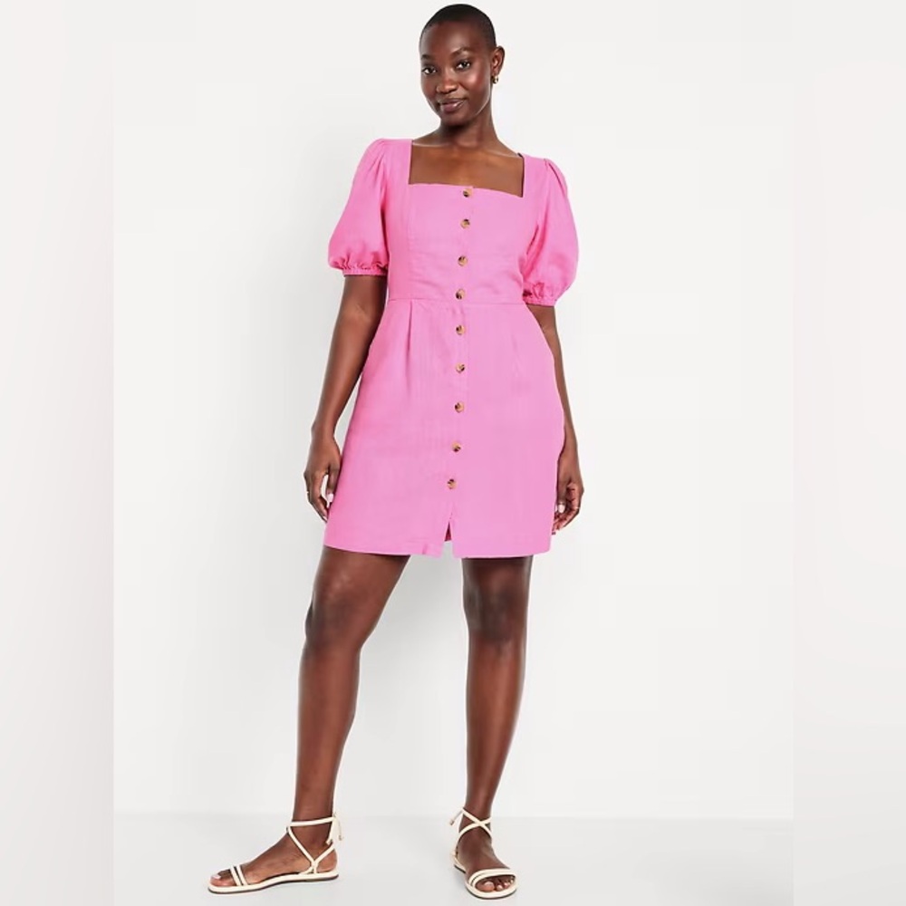 Old Navy Pink Puff Sleeve Linen Blend Mini Dress